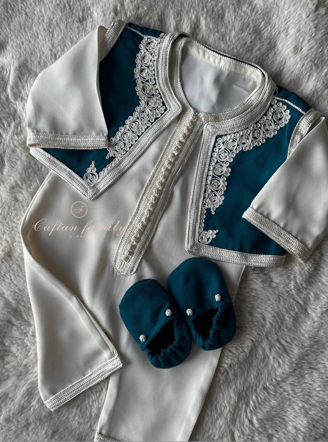Grenouillère à gilet bleu pétrole + chaussons